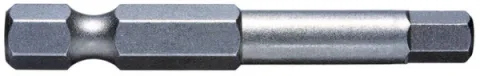 A single grey steel hex driver bit on a white background